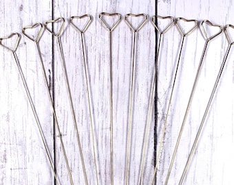 Set of 10 golden stakes for centerpiece pick with heart, 11.75" beadable blanks for plant stakes, DIY memo, photo, card holder for bouquets