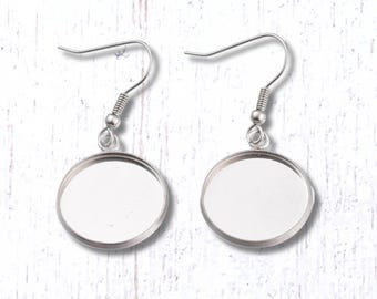 Earring blanks, 20 sets round trays with glass cabochons and ear wires, DIY jewelry supplies, stainless steel, 18mm or 10mm (B0084)