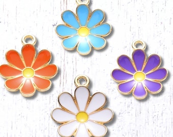 Flower charms, 10 pcs, 19x16mm alloy with enamel 8-petal flowers, golden finish, for floral themed jewelry and crafts, four color options