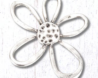 Alloy flower pendant, oversized metal flower charm, link findings for sun catchers, car or bag charms, jumbo charm for jewelry, 45x55mm, 5pc