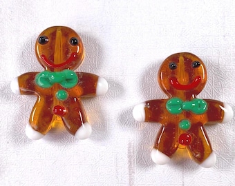 Glass gingerbread man lampwork bead, 2 or 10 pcs focal beads for crafting, holiday craft beads, unique glass beads, 26mm (A0045)