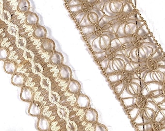 Woven burlap ribbon without wire, lace pattern weave natural jute ribbon for farmhouse crafts, gift wrapping, wedding decor, 5.47-yard roll