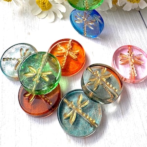 10 dragonfly coin beads, 17mm flat round glass beads with color wash and golden inlay for nature inspired crafts (A0051)