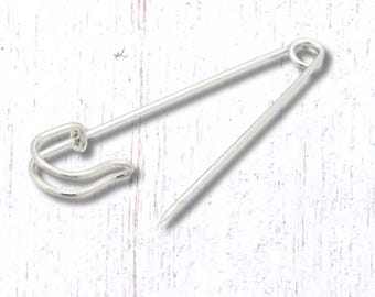 Set of 10 kilt pins, 70mm silver safety pins for crochet brooches, sewing, stitch counting charms, boutonnieres (L0311)