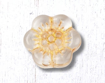 Glass flower beads with gold wash, 20 pcs, 14x4.5mm clear with gold anemone beads, wild rose beads for jewelry (A0001)