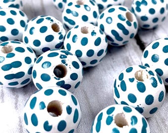 Teal and white polka dot wooden round beads, ~14mm with 4mm hole, 20 wood beads for DIY garlands, tassels, macrame and other craft projects