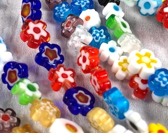 Millefiori glass flower beads, multicolor earring making supplies, mixed lot jewelry making beads, flower shaped Murano glass, 6 mm, 48 pcs