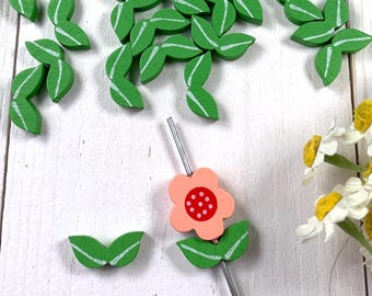 50 wood leaf beads, green painted wood beads 20.5x8.5mm with big 2mm hole for DIY beadable crafts, garlands, trays, jewelry making