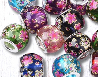 Large hole glass rondelle beads, 5 pcs, floral printed with metal core for DIY fairy wand or garden stake, European beads (C0117)