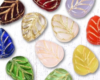 20 glass leaf beads with gold inlay, 10x8mm, Czech-style with vein design, random color assortment