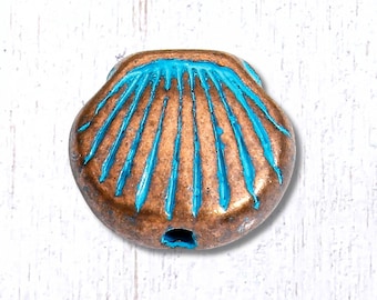 30 antique copper clam shell beads, tiny 8x9 mm seashell alloy spacer beads with blue patina for coastal beachy jewelry making