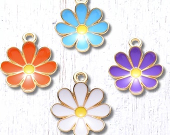 Flower charms, 10 pcs, 19x16mm alloy with enamel 8-petal flowers, golden finish, for floral themed jewelry and crafts, four color options