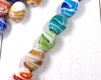 Lampwork glass focal beads, chunky 21mm swirled glass flat oval beads, large statement beads for jewelry crafts, +/-2mm hole beads, 10 pcs