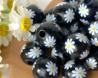 Black with daisy wooden round beads, 20 pcs, 15.5 mm, large 3mm+ hole beads for DIY garland, tassels, beadable items