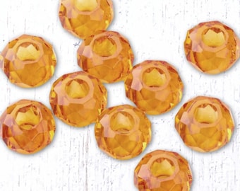 Large hole orange glass faceted beads no metal core, 10 pcs 13.5x7.5 mm, European beads (C0119)