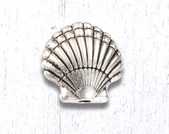 Metal sea shell spacer beads, 20 pcs, 14x13.5mm, 1.8mm hole, ocean theme shell shaped alloy beads, antique silver finish (M0328/10)
