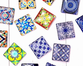4 square glass tile magnets for fridge, 1.18" (30mm) Moroccon tile mandala style prints in random assortment, gift for coworker, teacher