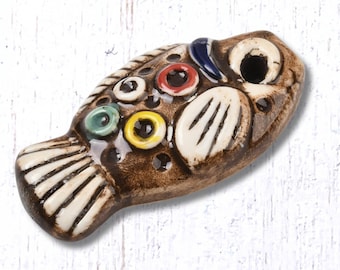 Porcelain fish pendant, 1 pc, 64x31.5 mm, folk art style hand painted fish charm for coastal jewelry and crafts