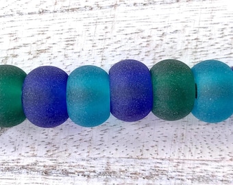 20 large hole sea glass beads for beadable blanks, ~13.5x9mm with 5.5mm hole, blue, green, aqua, cultured sea glass beads (C0137)