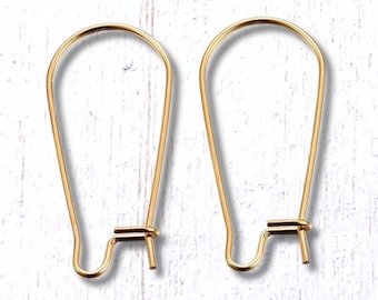 Gold plated stainless steel kidney ear wires, 20 pcs, 25x12mm, 0.7mm wire (21 gauge), 18K gold plated beadable findings for earrings
