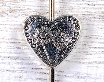 Metal heart spacer beads with flower pattern, heart shaped floral beads for jewelry, 2-sided bead silvery finish 13x12mm, 1.2mm hole, 20 pcs