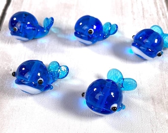 5 pcs lampwork glass whale beads, animal beads for jewelry, glass lampwork animal beads, ocean themed crafts (A0030)