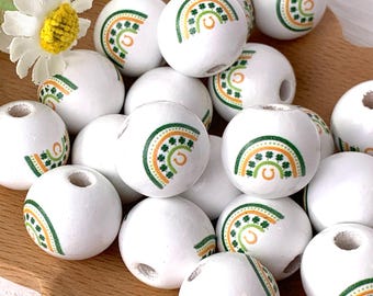 Green and gold rainbow painted wooden round beads, 20 pcs, 15.5 mm, large 3mm+ hole beads for DIY garland, beadable items, St. Patrick's Day