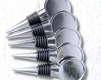 Set of 5 bottle stopper cabochon trays, approx. 4.2" wine bottle stopper with 36mm cab bezel setting, DIY hostess and wedding gifts (B0101)