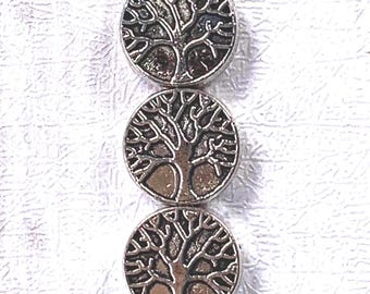 Metal spacer beads with tree pattern, 20 pcs tree of life beads, nature beads for jewelry, silvery finish flat coin beads 9x3 mm, 2mm hole