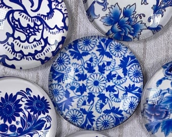 Blue and white printed glass cabochons for jewelry, assorted 30mm printed flat back cabochon for pendants, glass accents for crafts, 10 pc