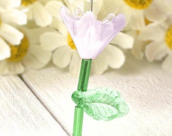 20 glass lily beads, 12x8mm Czech-style bell flower bead caps in assorted colors for jewelry making, leaf/stem beads optional (A0065)