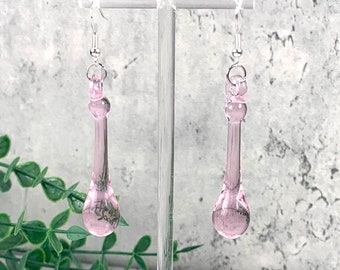 Pink glass raindrop earrings, soft pink glass teardrop dangle earrings, minimalistic water droplet jewelry glass anniversary gift for wife