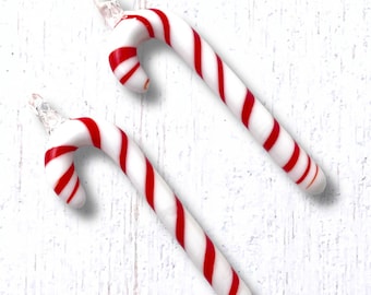 Glass candy cane pendants, 2 pcs, 2.9"/75mm, lampwork candy ornaments for wintertime decor, Christmas themed necklaces