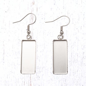 Earring blanks, 20 sets rectangle trays with glass cabochons and ear wires, DIY jewelry supplies, stainless steel, 25x10mm (B0084)