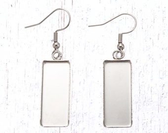 Earring blanks, 20 sets rectangle trays with glass cabochons and ear wires, DIY jewelry supplies, stainless steel, 25x10mm (B0084)