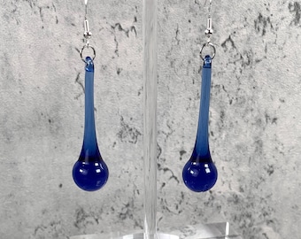 Blue glass raindrop earrings, cobalt blue glass teardrop dangle earrings, minimalistic water droplet jewelry glass anniversary gift for wife