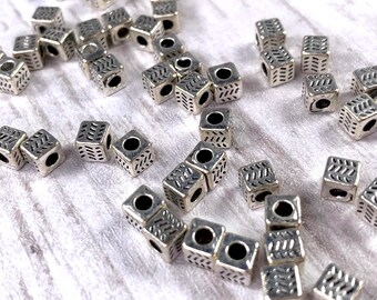 Metal cube spacer beads, 4.5mm large hole spacer beads with 2.3mm hole for beadable blanks and jewelry, antique silver color, 50 pieces