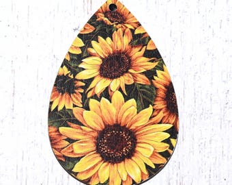 10 sunflower print wooden pendants, 59.5x40mm teardrop one-sided oversized charms for crafts