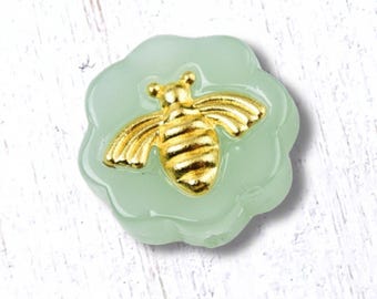 Glass flower shaped beads with golden bee, 20 pcs, 12x5.3mm, light jade green wash with golden brass bee, fun beads for jewelry (A0001)