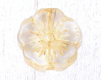20 pcs glass hibiscus flower beads, clear with gold wash, 14mm boho floral beads for jewelry, Hawaiian flower
