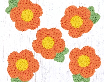 5 woven flower appliques for crafts, 40x47mm/1.5x1.8 inch polyester sew-on daisy with leaf, embellishments for clothing, cards, hats