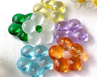 5 glass flower beads, big ~25mm/1" puffy flower pendants for necklaces, 5-petal flower charm, connector link (C0120)