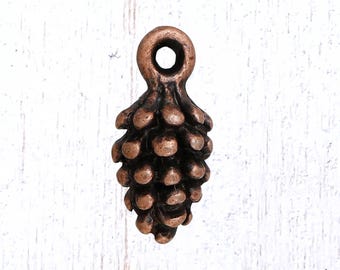 Mini pine cone charms, 20 pcs, antique copper 12.5x6 mm tiny charms with loop for woodland themed jewelry (L0306)