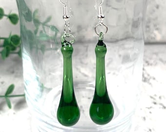 Green glass raindrop earrings, pretty glass teardrop dangle earrings, minimalistic water droplet jewelry glass anniversary gift for wife