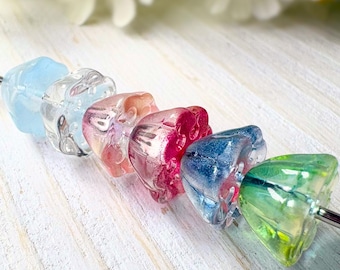 20 glass lotus pod flower beads in random assorted colors, 10.5x6.5 mm, waterlily beads for nature inspired jewelry and crafts (A0005)