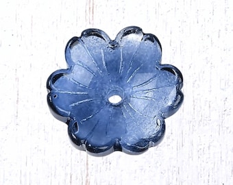20 denim blue glass flower-shaped bead caps, 14x14mm w/ 1.5mm hole for beaded flower art