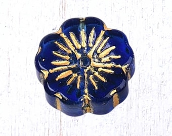 20 pcs glass hibiscus flower beads, cobalt blue with gold wash, 14mm boho floral beads for jewelry, Hawaiian flower
