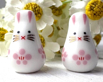 Porcelain bunny beads, 2 pcs, 21x13.5 mm pink and white rabbit beads for beading crafts and jewelry, 1.6mm hole (C0125)