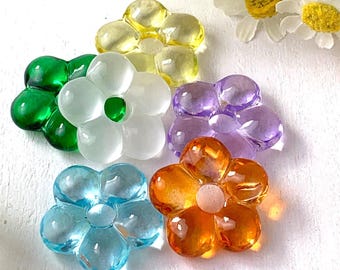 5 glass flower beads, big ~25mm/1" puffy flower pendants for necklaces, 5-petal flower charm, connector link (C0120)
