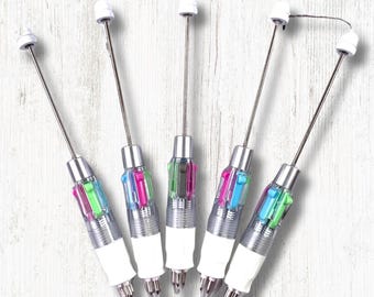 5 beadable blank ballpoint pens, DIY beadable pens with 4 ink colors, add a bead design your own pen, DIY party favors, fun coworker gifts